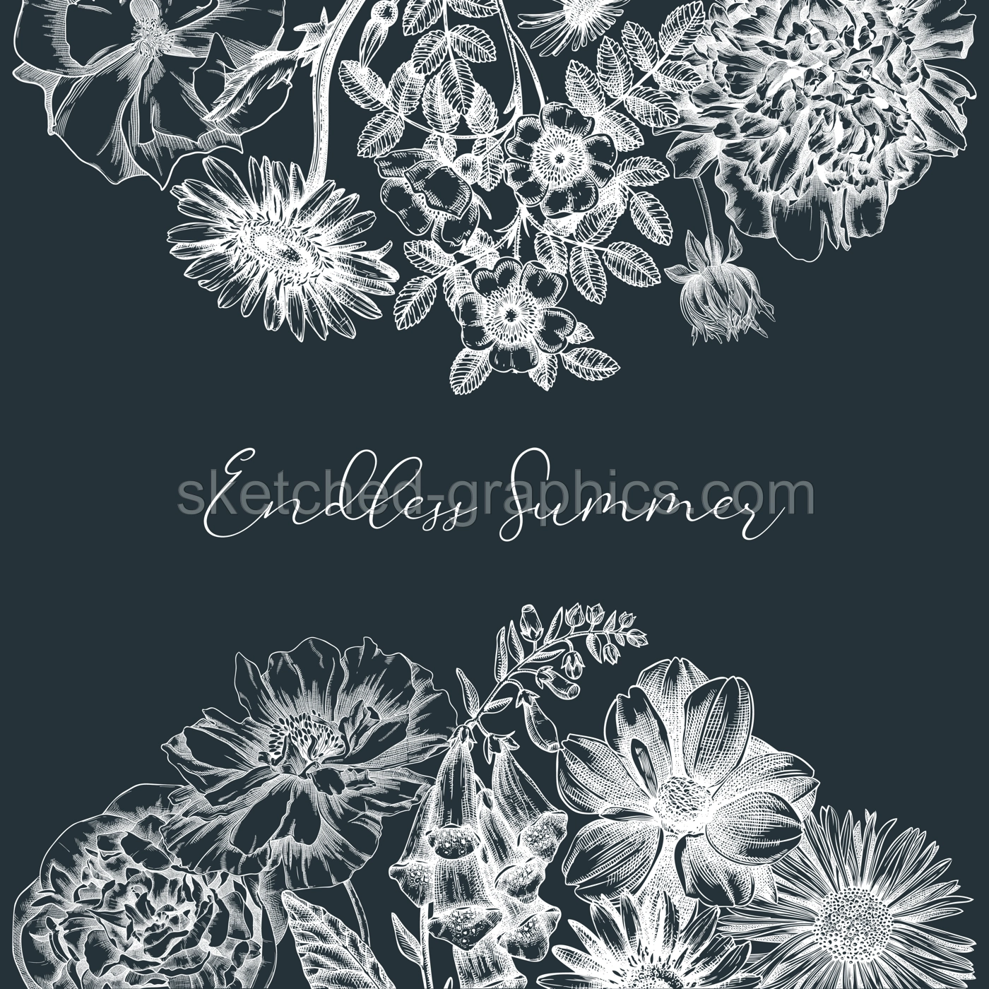 Summer flowers card on chalkboard. Hand-sketched garden plants frame design. For greeting cards, wedding invites, and floral banners. Hand-drawn botanical illustration with floral sketches. Illustration